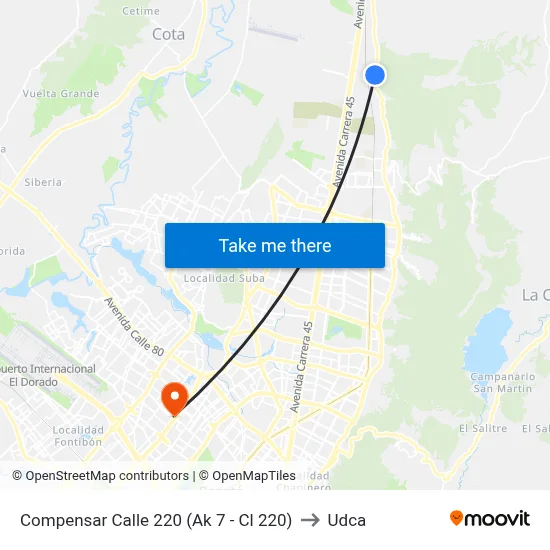 Compensar Calle 220 (Ak 7 - Cl 220) to Udca map
