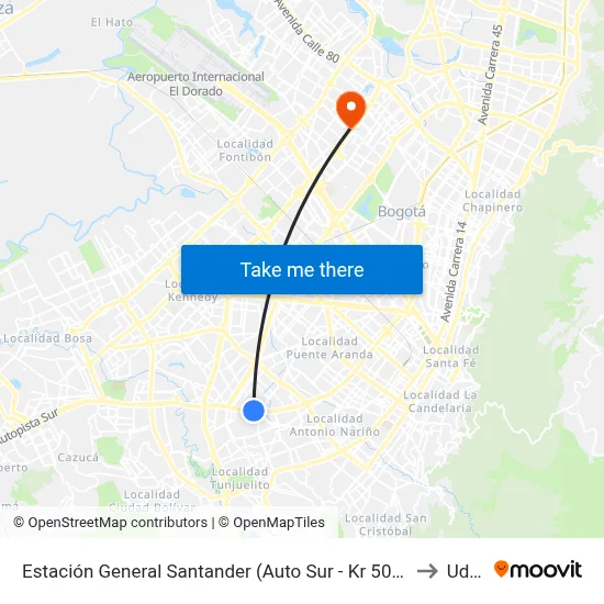 Estación General Santander (Auto Sur - Kr 50 Bis A) to Udca map