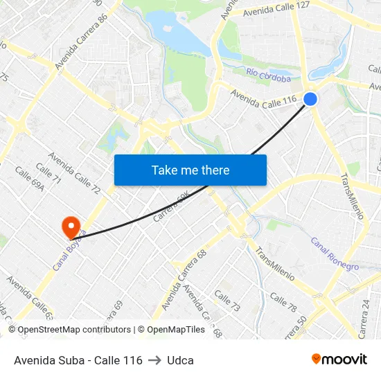 Avenida Suba - Calle 116 to Udca map