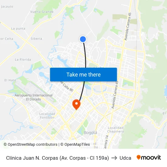 Clínica Juan N. Corpas (Av. Corpas - Cl 159a) to Udca map