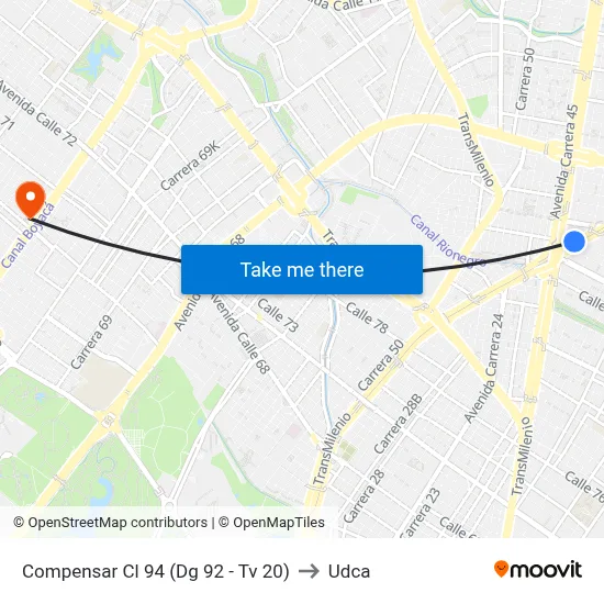 Compensar Cl 94 (Dg 92 - Tv 20) to Udca map