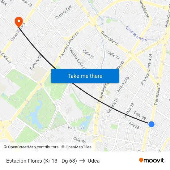 Estación Flores (Kr 13 - Dg 68) to Udca map