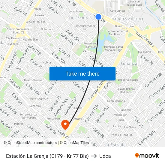 Estación La Granja (Cl 79 - Kr 77 Bis) to Udca map