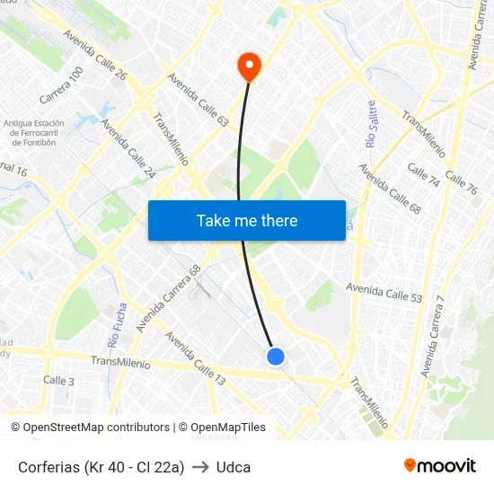 Corferias (Kr 40 - Cl 22a) to Udca map