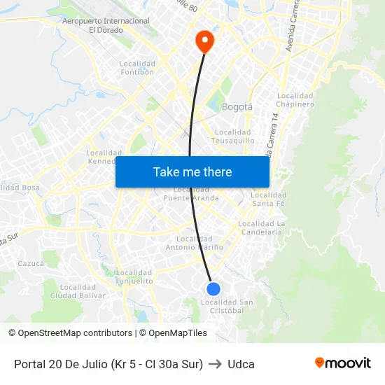 Portal 20 De Julio (Kr 5 - Cl 30a Sur) to Udca map