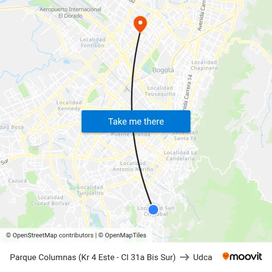 Parque Columnas (Kr 4 Este - Cl 31a Bis Sur) to Udca map