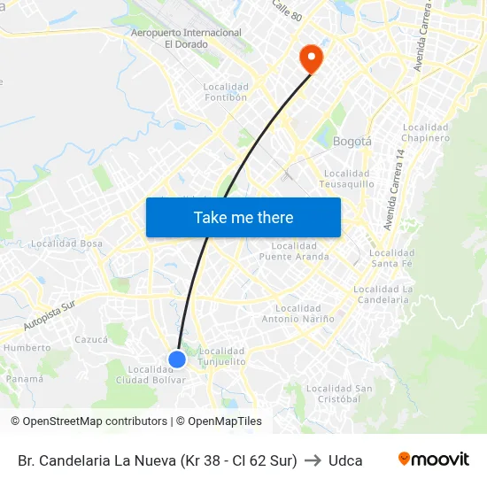 Br. Candelaria La Nueva (Kr 38 - Cl 62 Sur) to Udca map