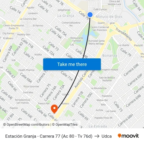 Estación Granja - Carrera 77 (Ac 80 - Tv 76d) to Udca map