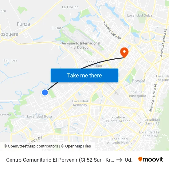 Centro Comunitario El Porvenir (Cl 52 Sur - Kr 100) to Udca map