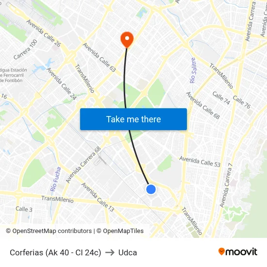 Corferias (Ak 40 - Cl 24c) to Udca map