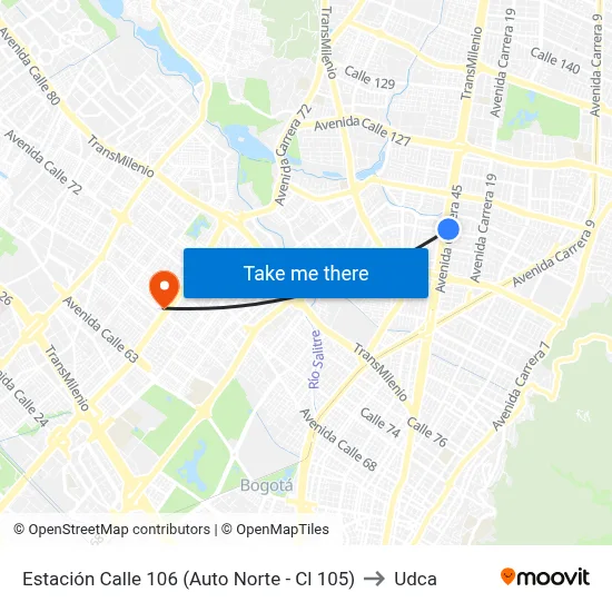 Estación Calle 106 (Auto Norte - Cl 105) to Udca map
