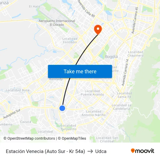 Estación Venecia (Auto Sur - Kr 54a) to Udca map