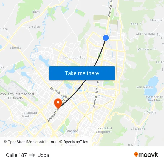 Calle 187 to Udca map