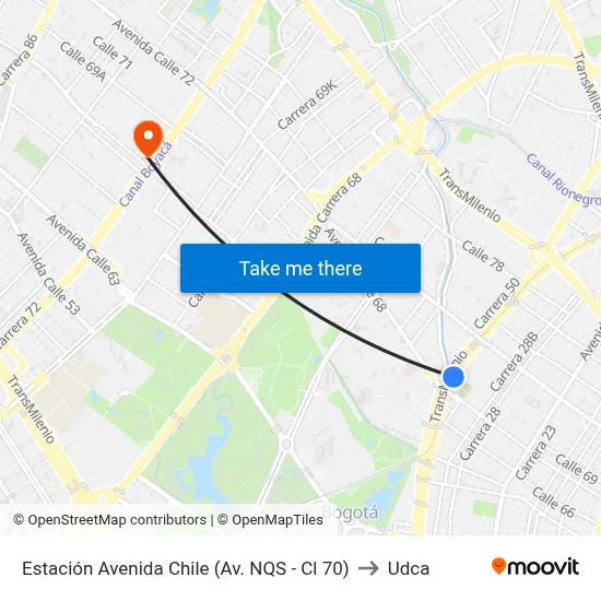 Estación Avenida Chile (Av. NQS - Cl 70) to Udca map