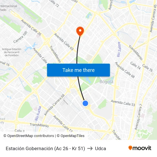 Estación Gobernación (Ac 26 - Kr 51) to Udca map
