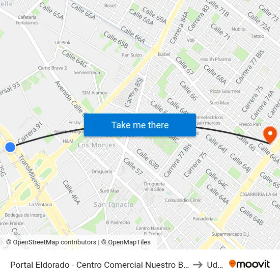 Portal Eldorado - Centro Comercial Nuestro Bogotá to Udca map