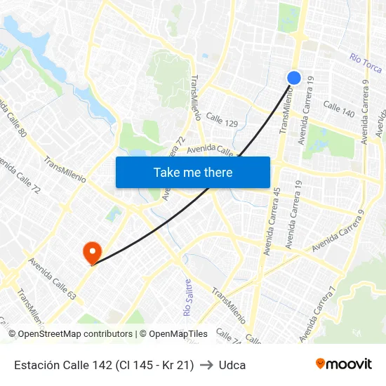 Estación Calle 142 (Cl 145 - Kr 21) to Udca map