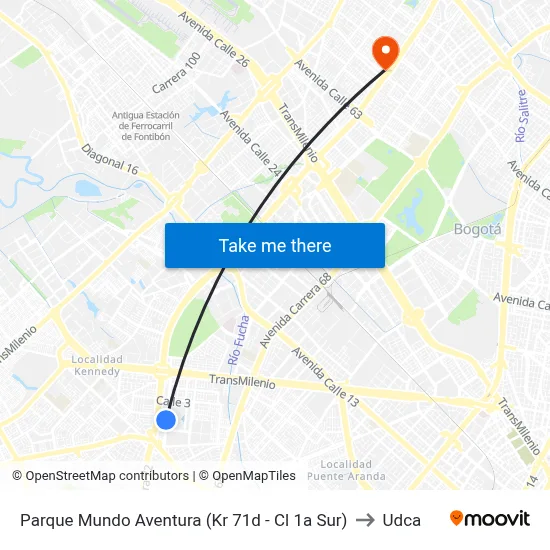 Parque Mundo Aventura (Kr 71d - Cl 1a Sur) to Udca map