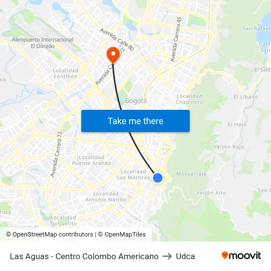 Las Aguas - Centro Colombo Americano to Udca map