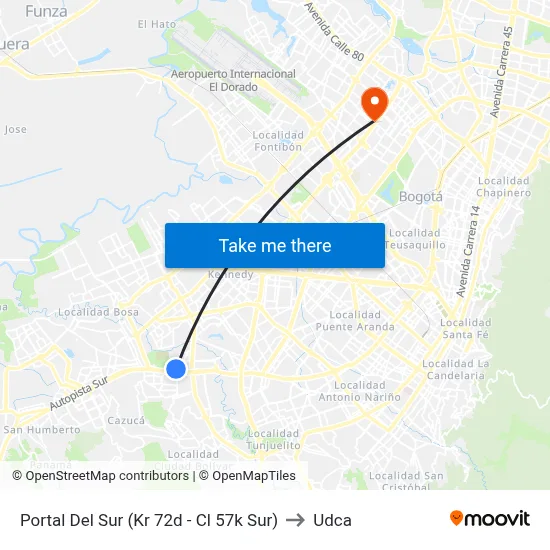 Portal Del Sur (Kr 72d - Cl 57k Sur) to Udca map