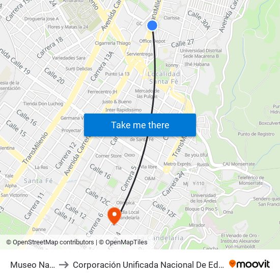 Museo Nacional to Corporación Unificada Nacional De Educación Superior map