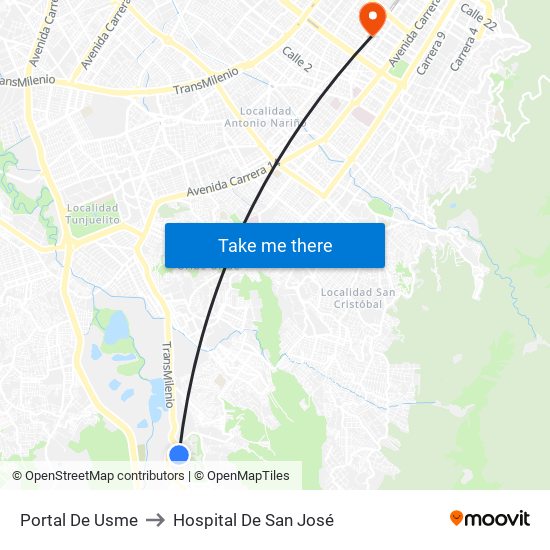 Portal De Usme to Hospital De San José map