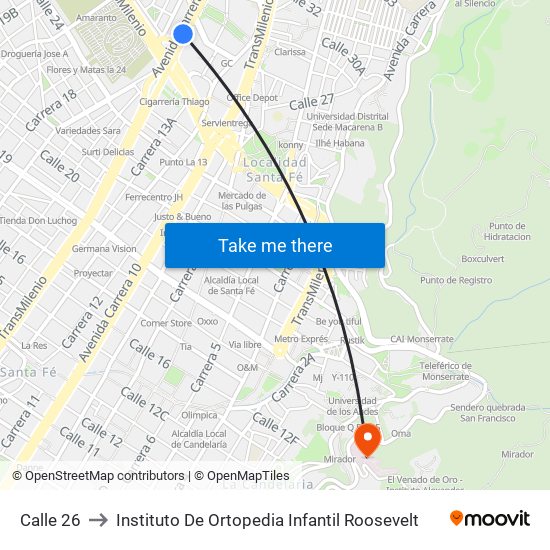 Calle 26 to Instituto De Ortopedia Infantil Roosevelt map