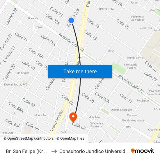 Br. San Felipe (Kr 20a - Cl 74) to Consultorio Jurídico Universidad Santo Tomás map