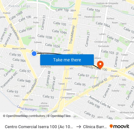 Centro Comercial Iserra 100 (Ac 100 - Kr 54) (B) to Clínica Barraquer map