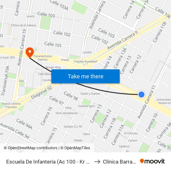 Escuela De Infantería (Ac 100 - Kr 11a) (B) to Clínica Barraquer map