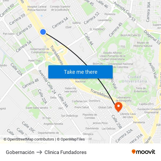 Gobernación to Clinica Fundadores map