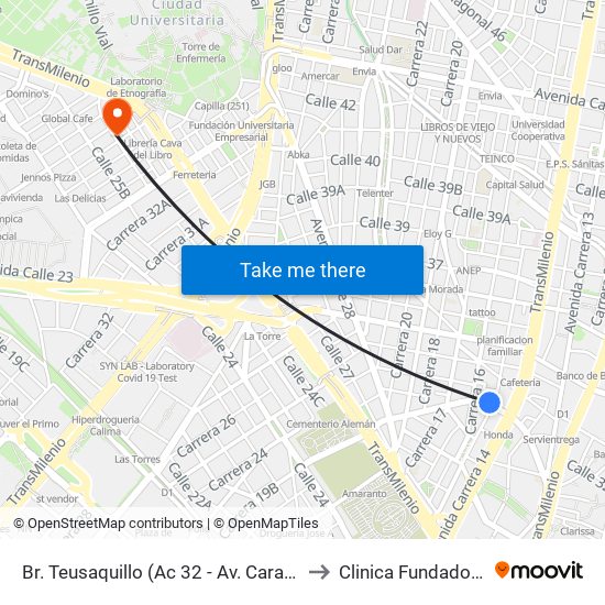 Br. Teusaquillo (Ac 32 - Av. Caracas) to Clinica Fundadores map