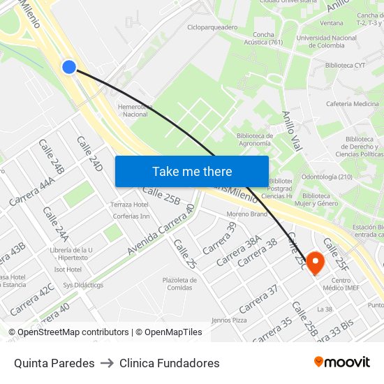 Quinta Paredes to Clinica Fundadores map