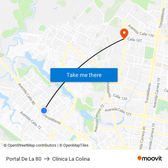 Portal De La 80 to Clínica  La Colina map