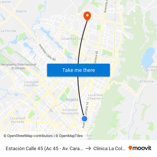 Estación Calle 45 (Ac 45 - Av. Caracas) to Clínica  La Colina map