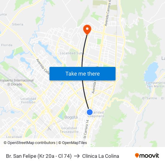 Br. San Felipe (Kr 20a - Cl 74) to Clínica  La Colina map