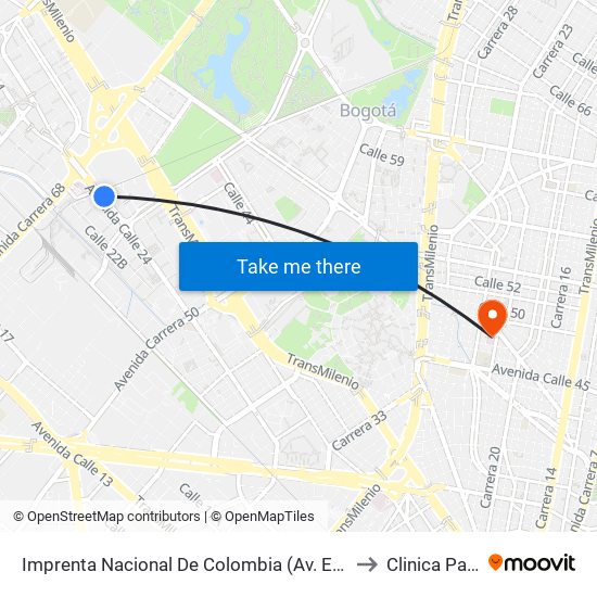 Imprenta Nacional De Colombia (Av. Esperanza - Kr 66) to Clinica Palermo map