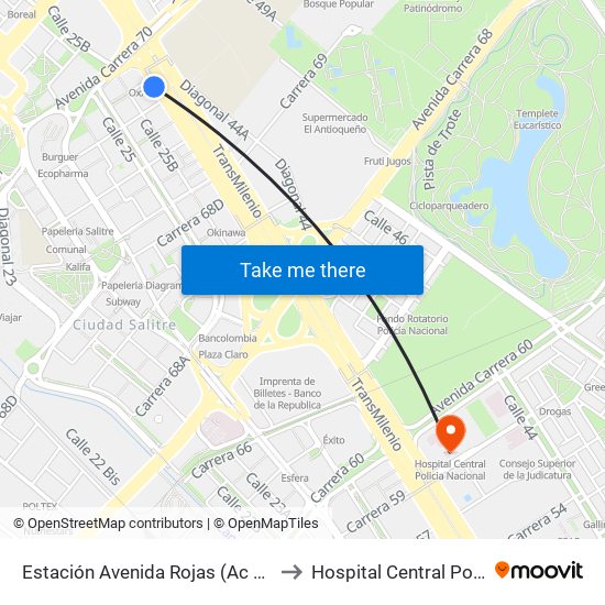 Estación Avenida Rojas (Ac 26 - Kr 69d Bis) (B) to Hospital Central Policia Nacional map