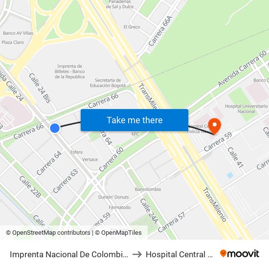 Imprenta Nacional De Colombia (Av. Esperanza - Kr 66) to Hospital Central Policia Nacional map