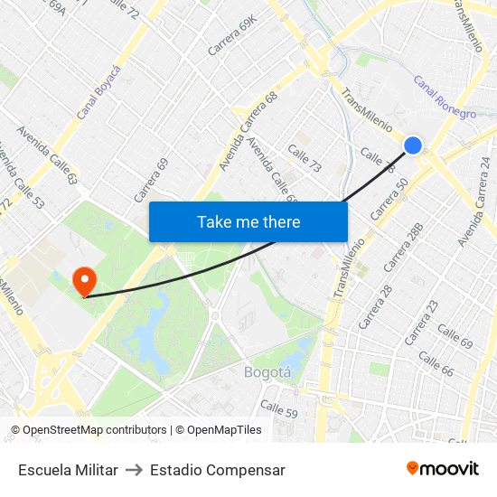 Escuela Militar to Estadio Compensar map