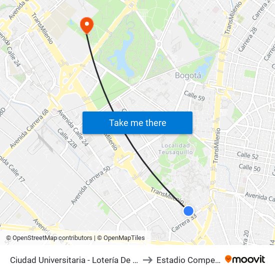 Ciudad Universitaria - Lotería De Bogotá to Estadio Compensar map