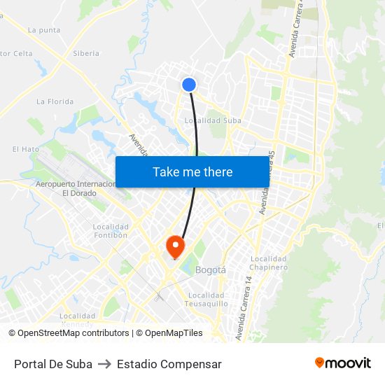Portal De Suba to Estadio Compensar map