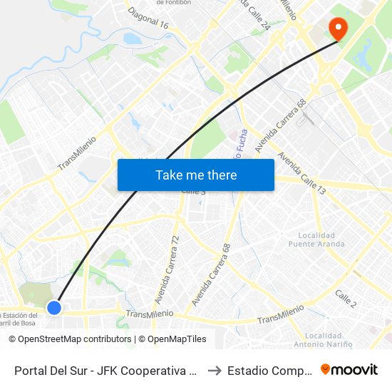 Portal Del Sur - JFK Cooperativa Financiera to Estadio Compensar map