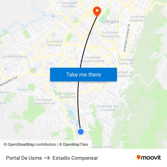 Portal De Usme to Estadio Compensar map