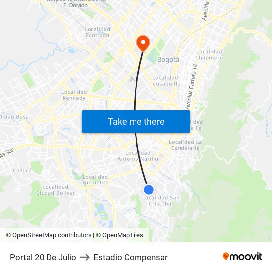 Portal 20 De Julio to Estadio Compensar map