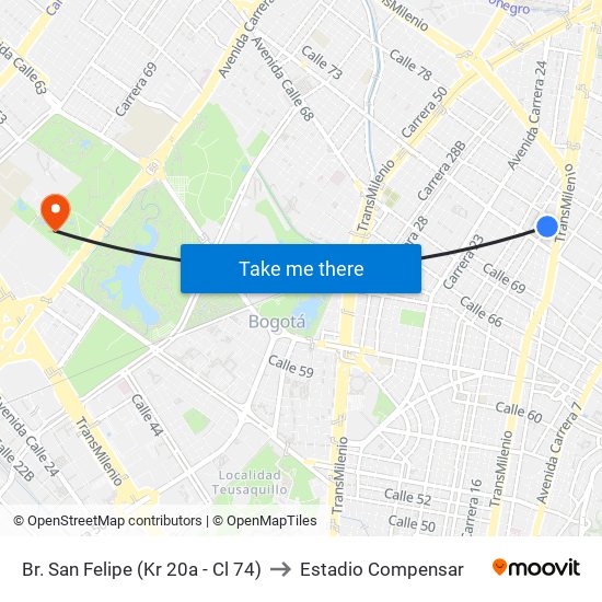 Br. San Felipe (Kr 20a - Cl 74) to Estadio Compensar map