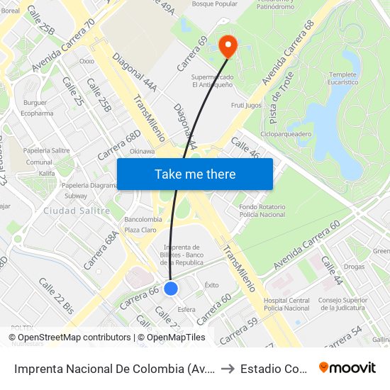 Imprenta Nacional De Colombia (Av. Esperanza - Kr 66) to Estadio Compensar map