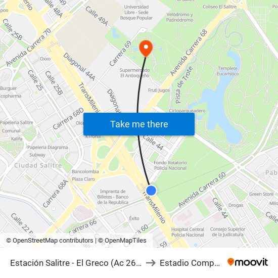 Estación Salitre - El Greco (Ac 26 - Ak 68) to Estadio Compensar map