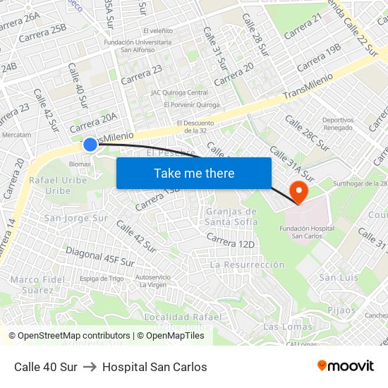 Calle 40 Sur to Hospital San Carlos map