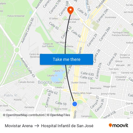 Movistar Arena to Hospital Infantil de San José map